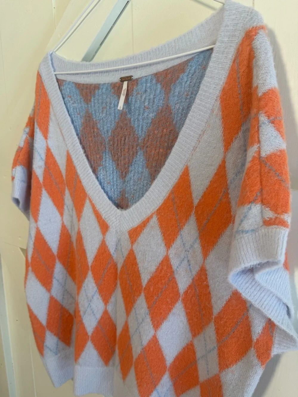 Free People Large Argyle Sweater Vest V-Neck Oversized Fuzzy Knit Orange Gray